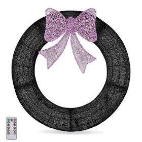 36in Pre-lit Outdoor Christmas Wreath Decoration, Lighted Metal Wreath with Purple Bow, Remote Control LED Lights with Timer